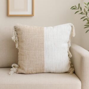 Almohadón Algodón combinado flecos Beige y Tostado cuadrado
